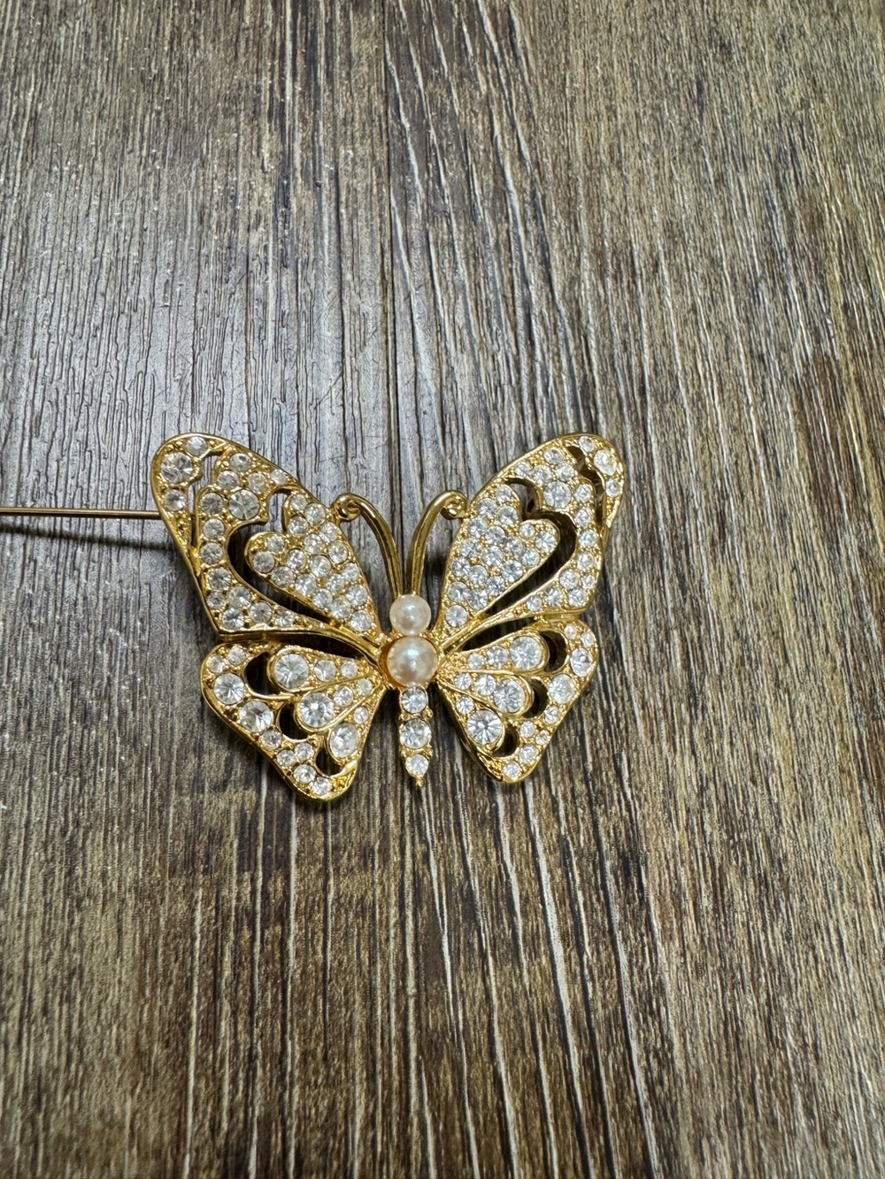 Gold Butterfly Brooch with Clear Crystals and Pearls Grandma Core